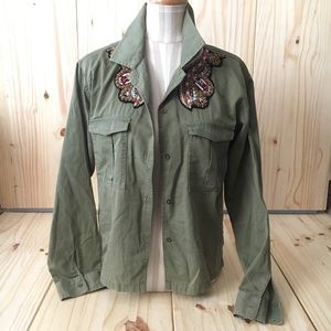 Zara Army Green Embellished Button-Up